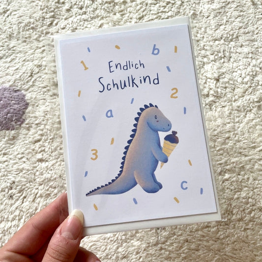 Endlich Schulkind Klappkarte Dino mit Schultüte