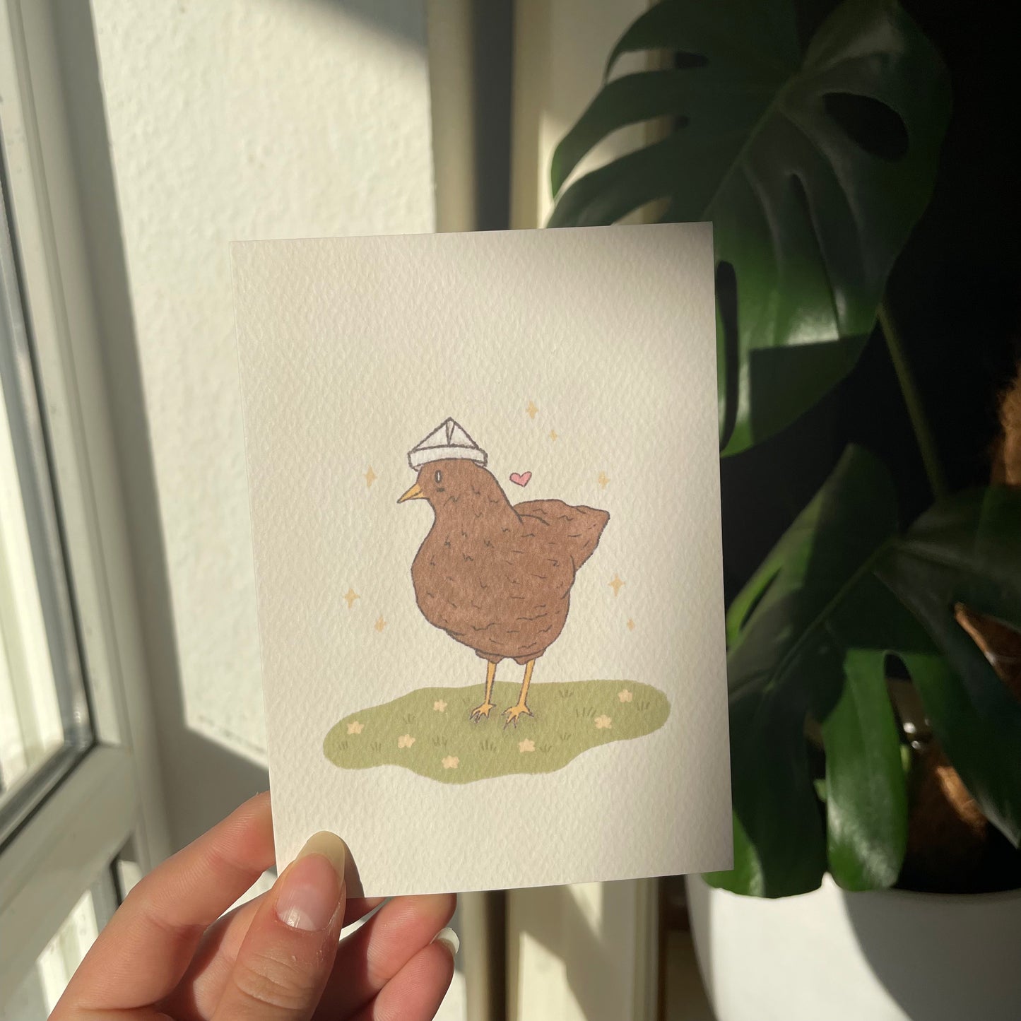 Chicken with paper hat postcard