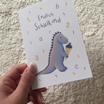 Endlich Schulkind Klappkarte Dino mit Schultüte